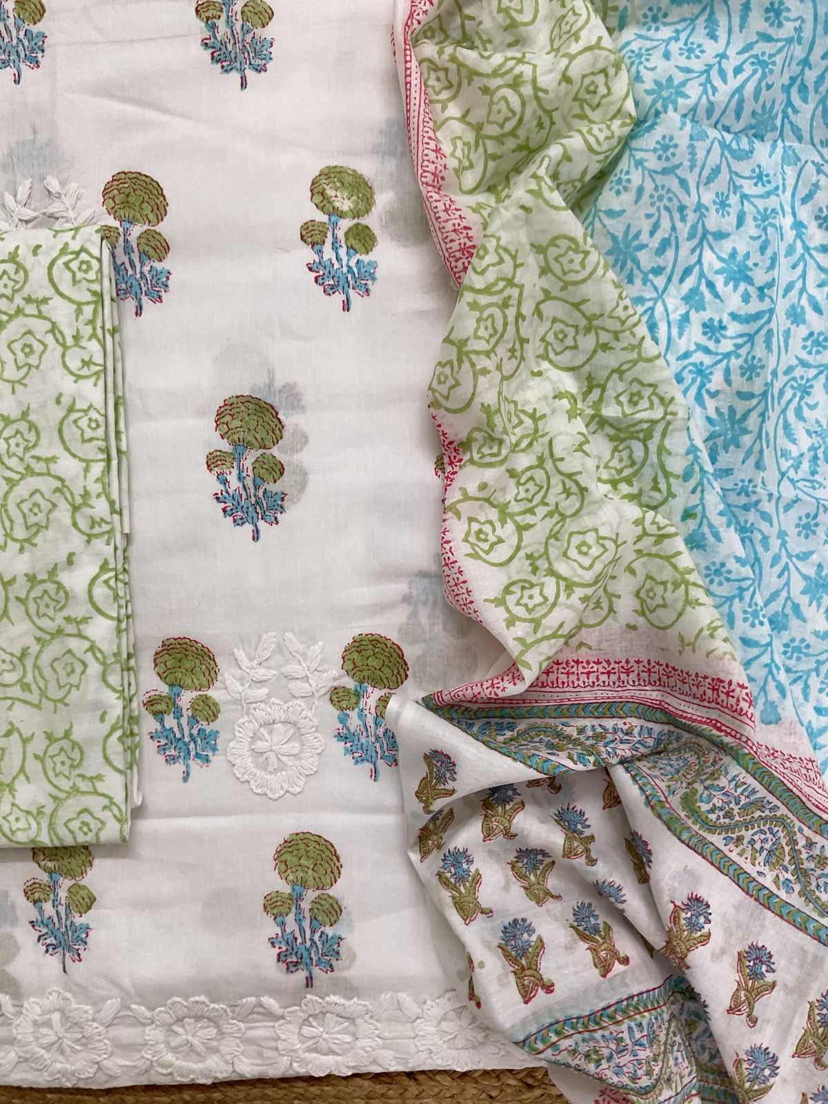 Pure Cotton Printed Embroidered Suit - White