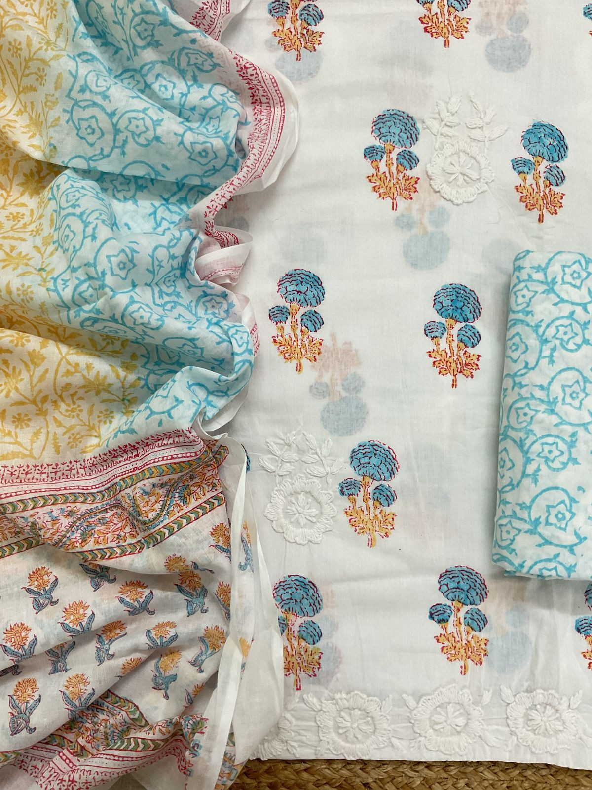 Pure Cotton Printed Embroidered Suit - White