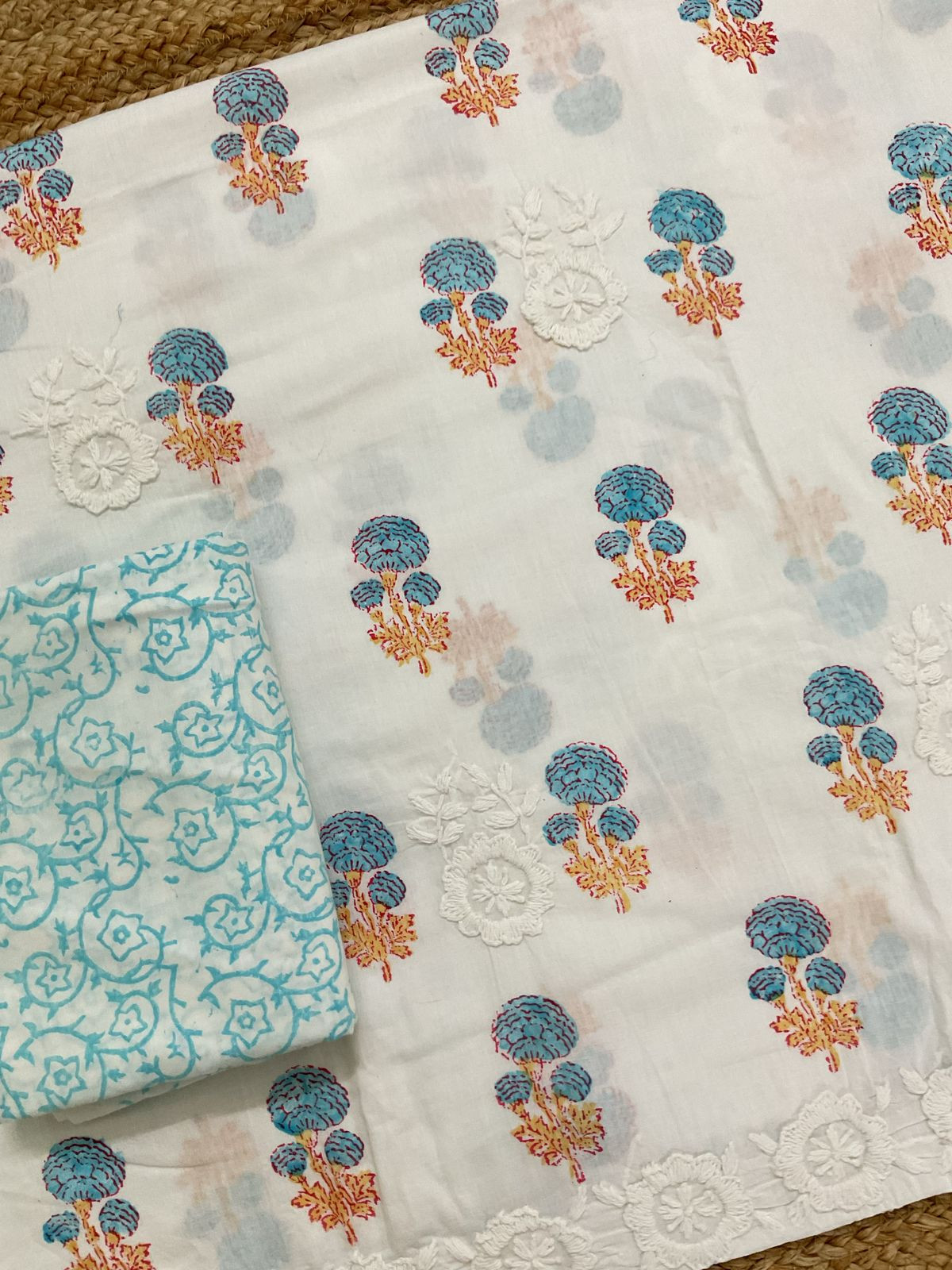 Pure Cotton Printed Embroidered Suit - White