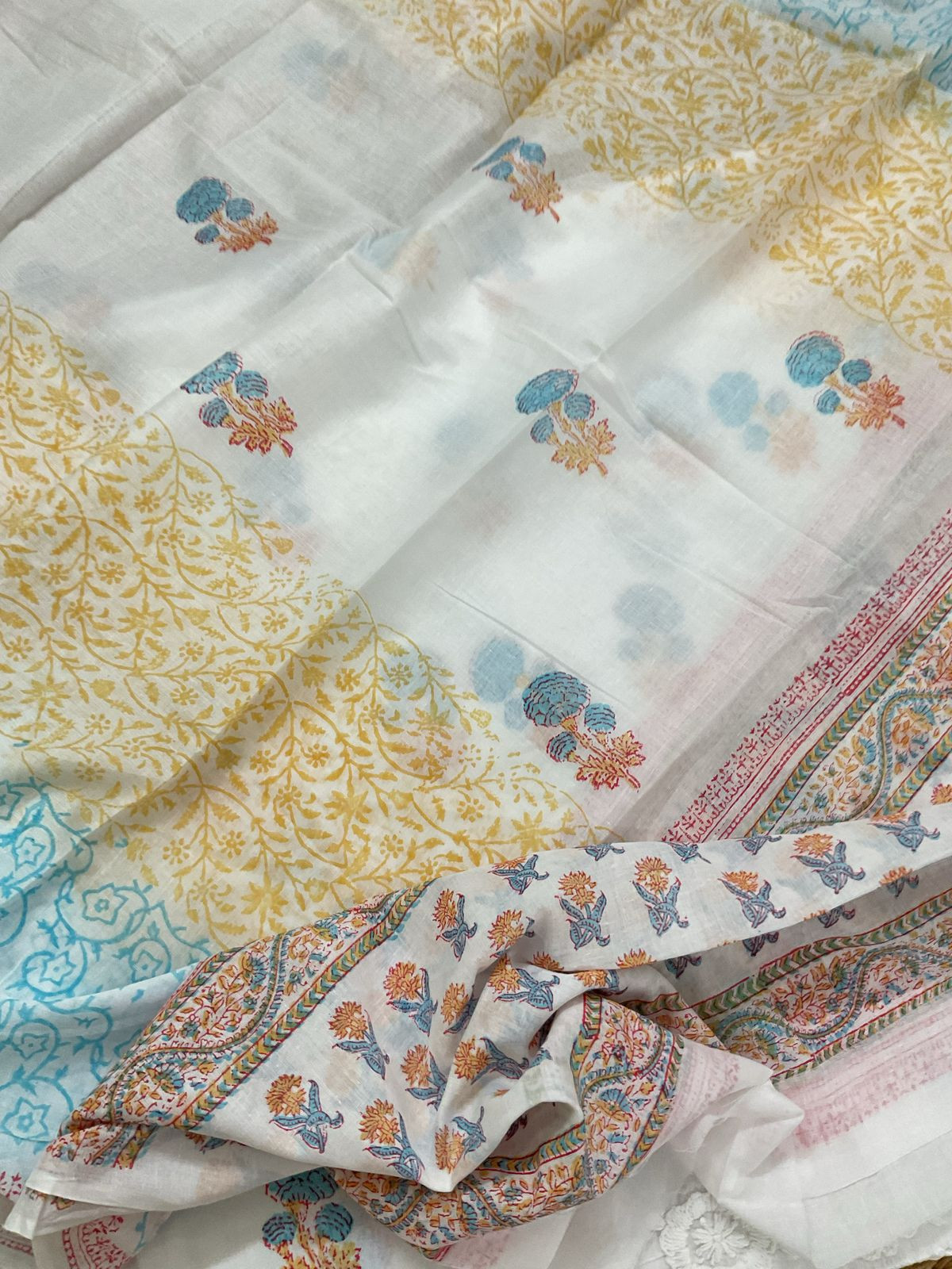 Pure Cotton Printed Embroidered Suit - White