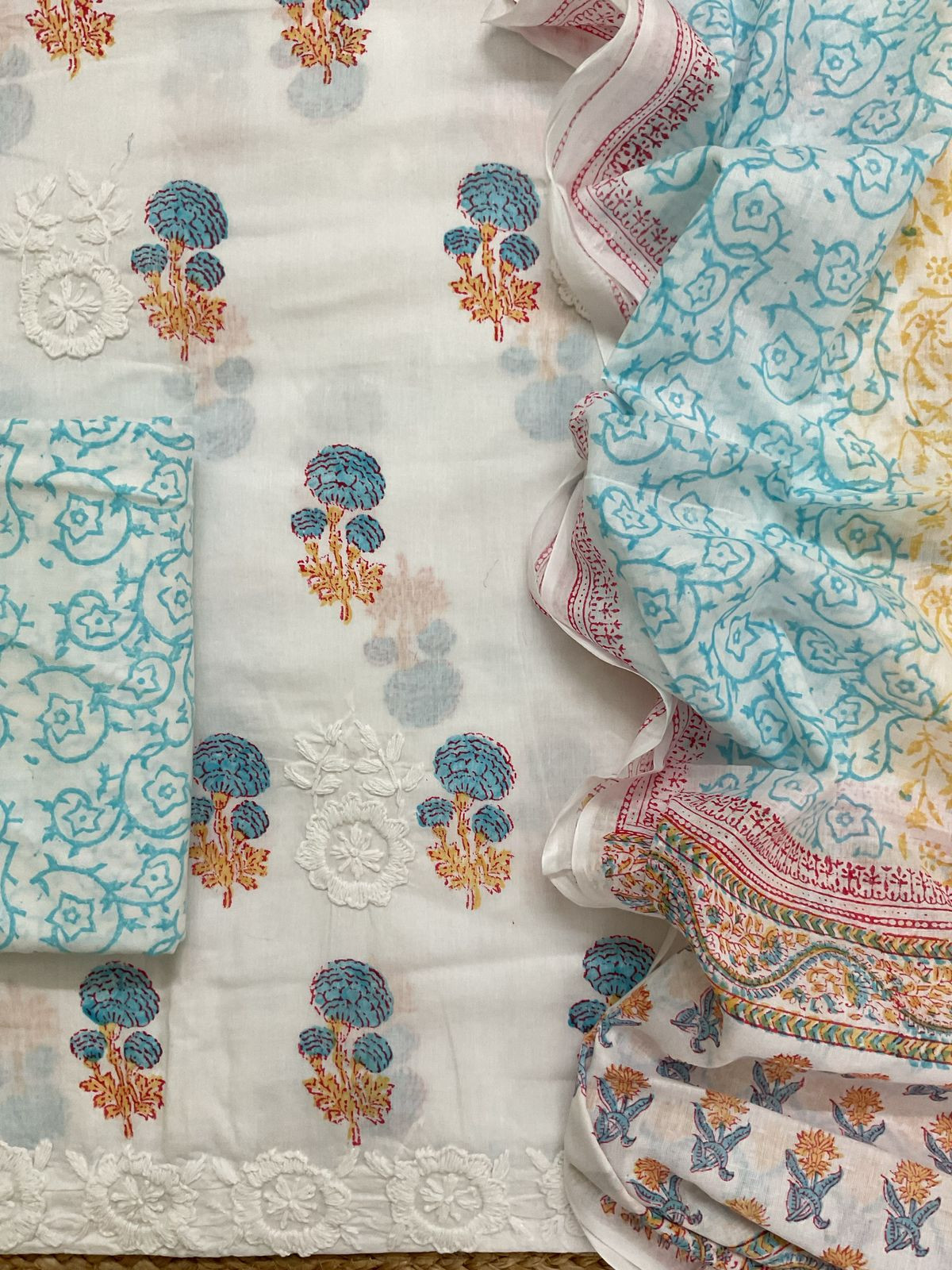 Pure Cotton Printed Embroidered Suit - White