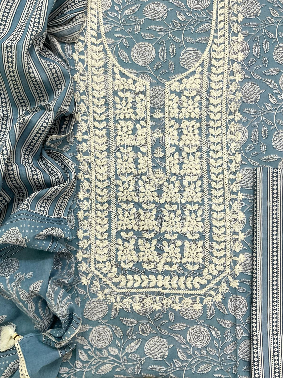 Pure Cotton Printed Embroidered Suit - Blue