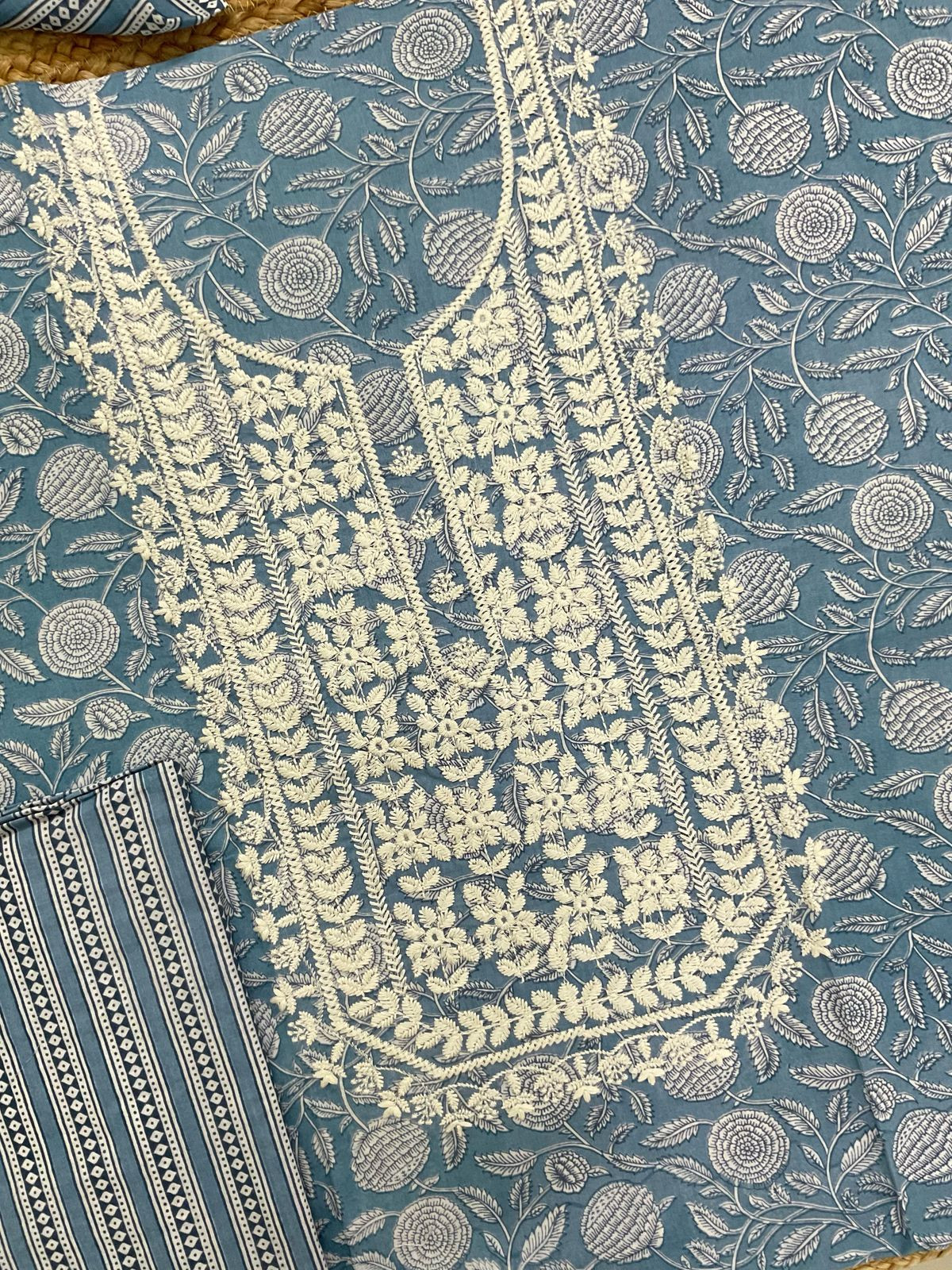 Pure Cotton Printed Embroidered Suit - Blue