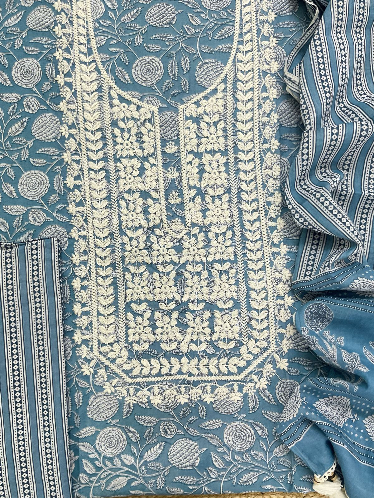 Pure Cotton Printed Embroidered Suit - Blue