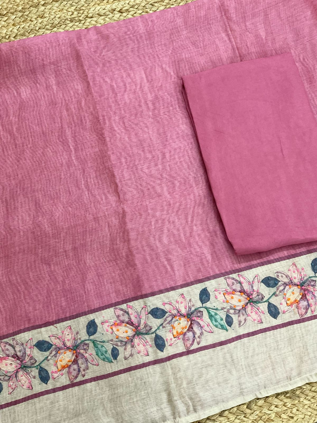 Soft Kora Chanderi Printed Embroidered Suit - Pink