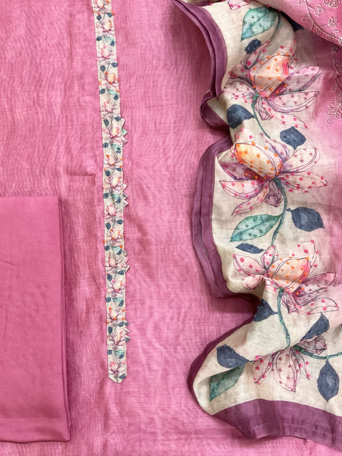 Soft Kora Chanderi Printed Embroidered Suit - Pink
