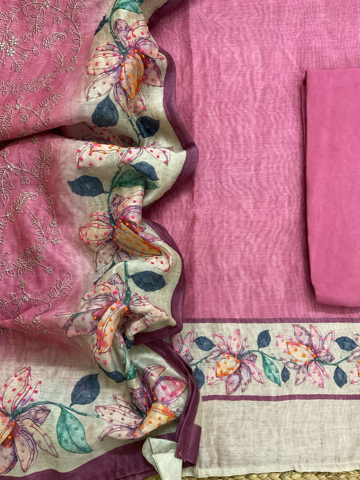 Soft Kora Chanderi Printed Embroidered Suit - Pink