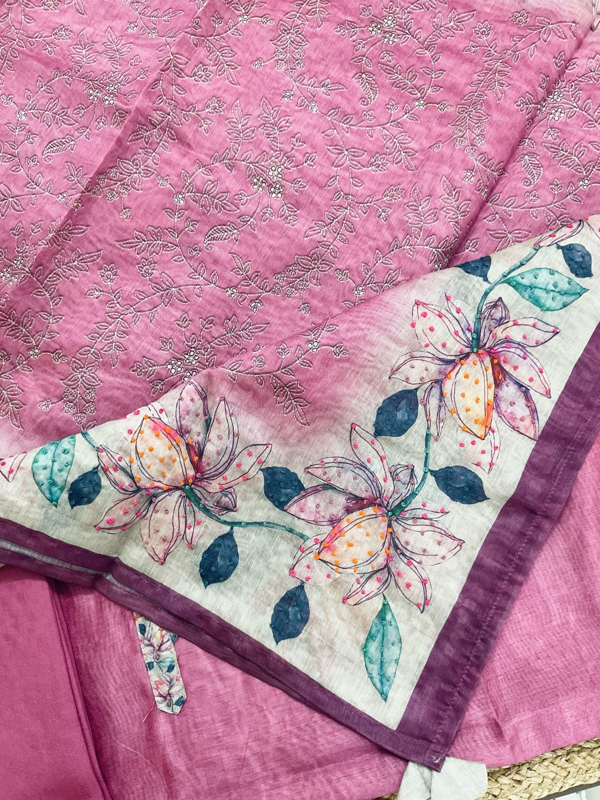 Soft Kora Chanderi Printed Embroidered Suit - Pink