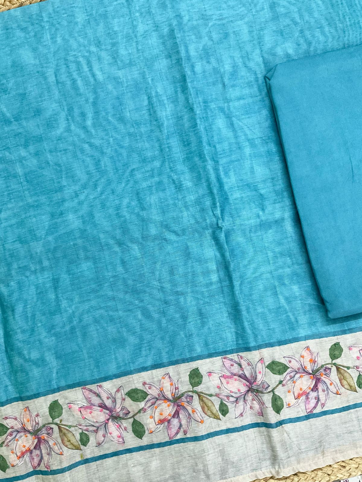 Soft Kora Chanderi Printed Embroidered Suit - Blue