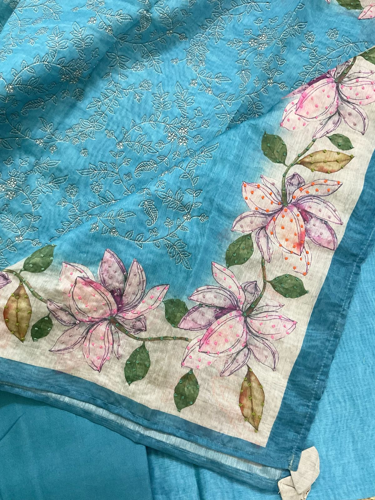 Soft Kora Chanderi Printed Embroidered Suit - Blue