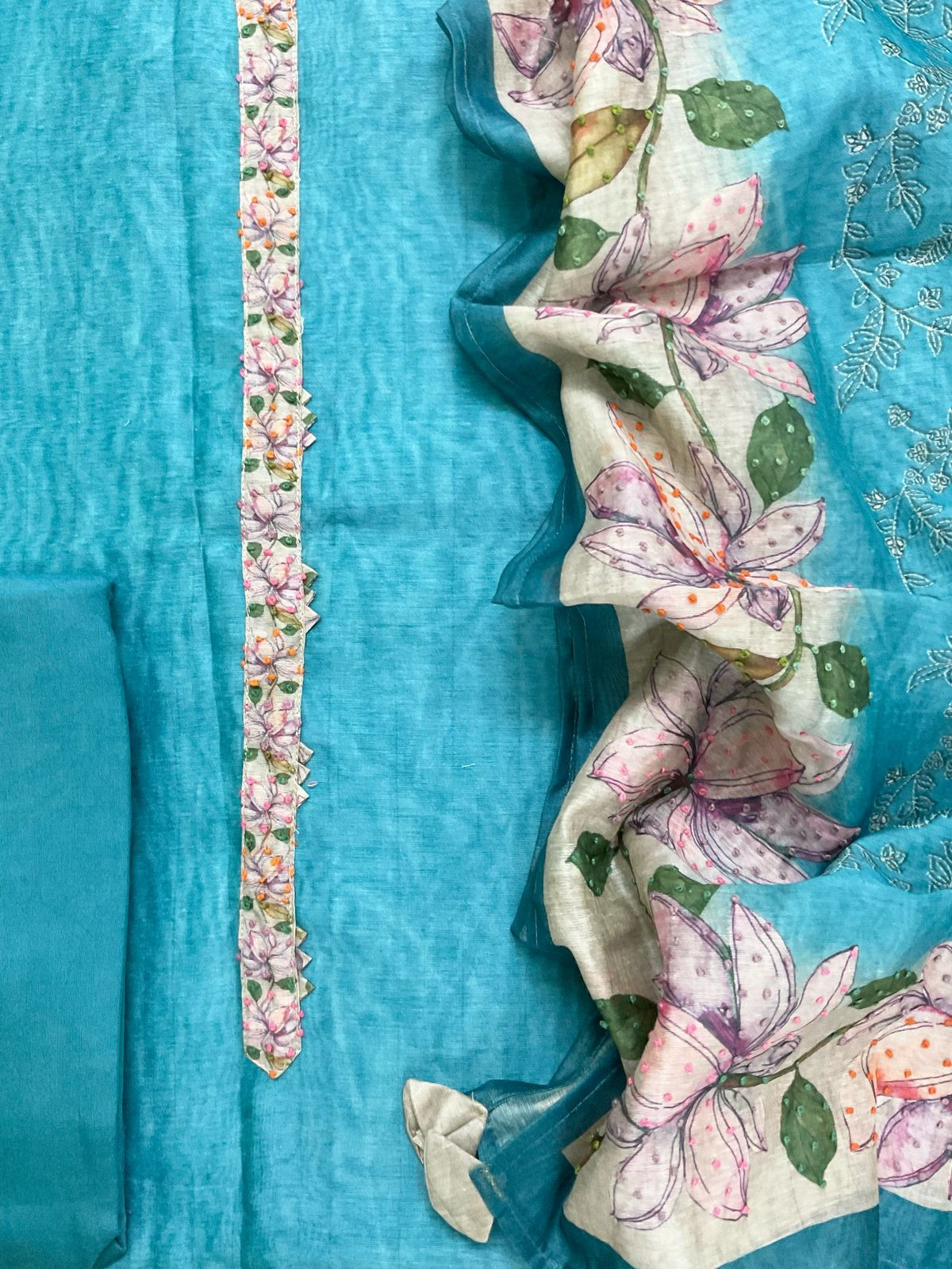 Soft Kora Chanderi Printed Embroidered Suit - Blue