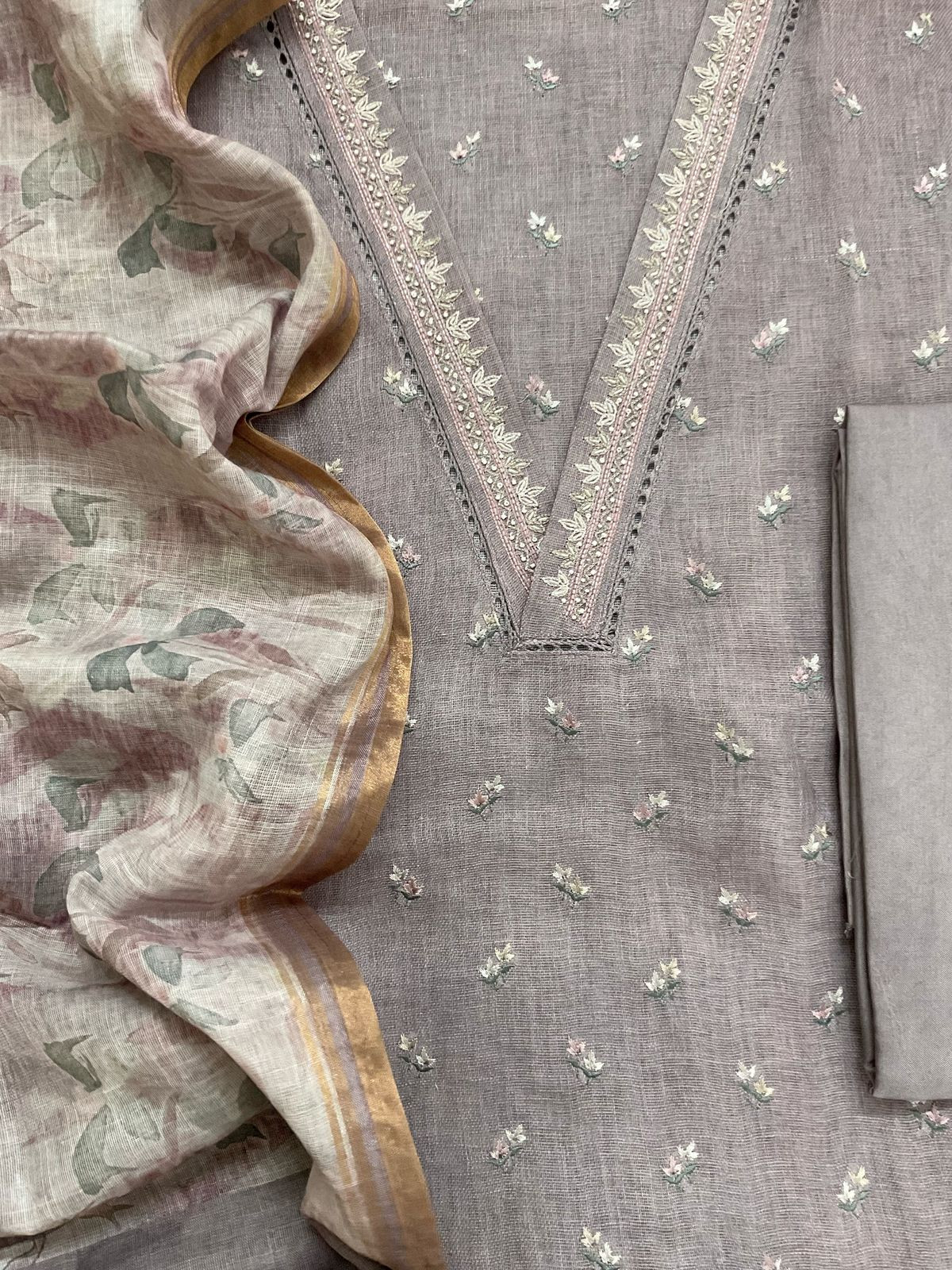Soft Linen Jute Cotton Printed Embroidered Suit - Light Mauve