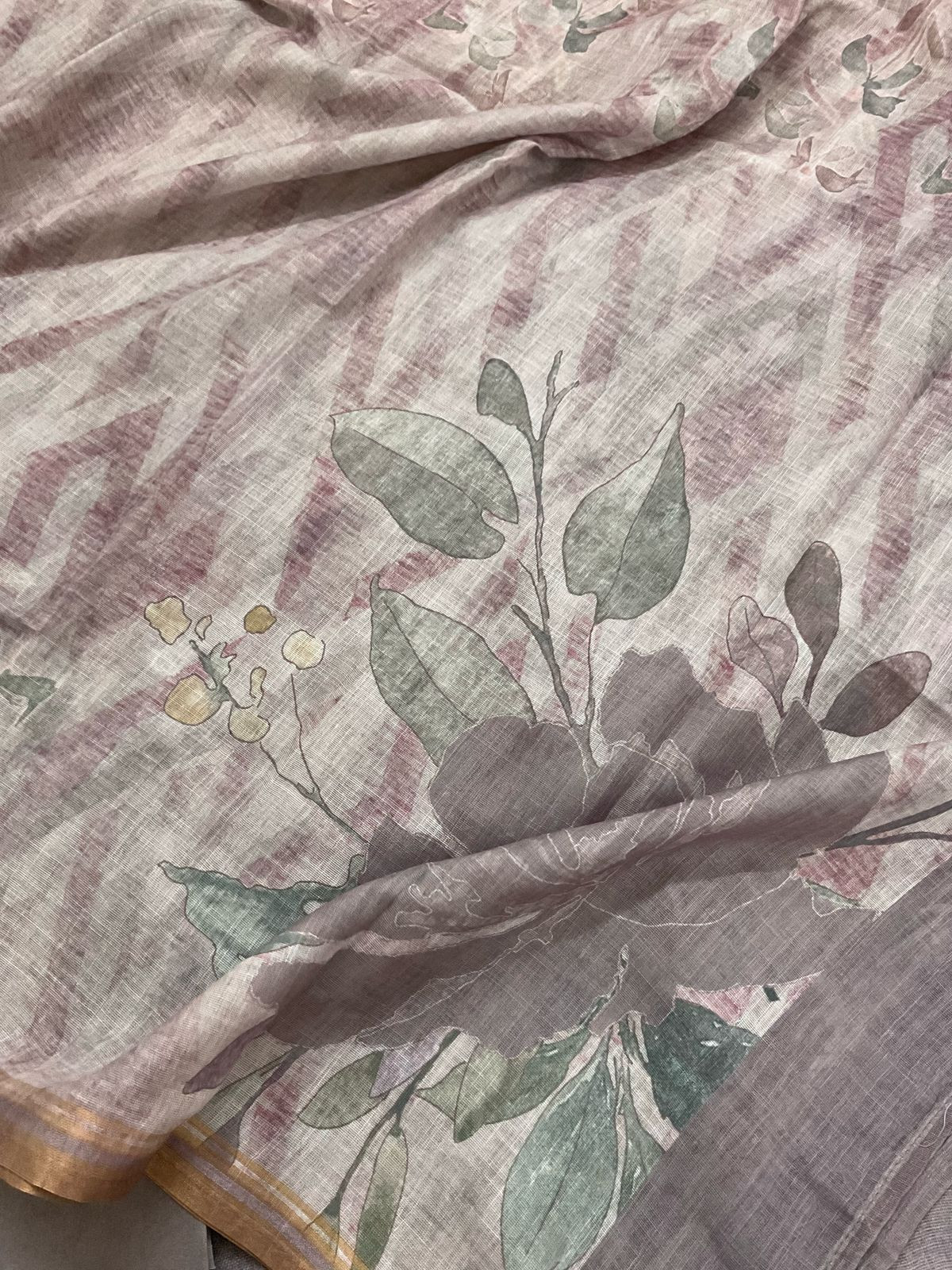 Soft Linen Jute Cotton Printed Embroidered Suit - Light Mauve