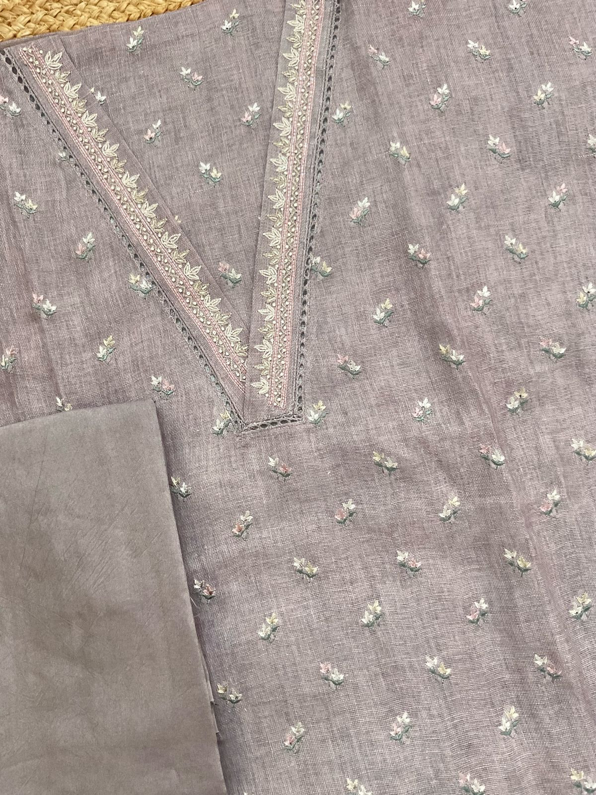 Soft Linen Jute Cotton Printed Embroidered Suit - Light Mauve