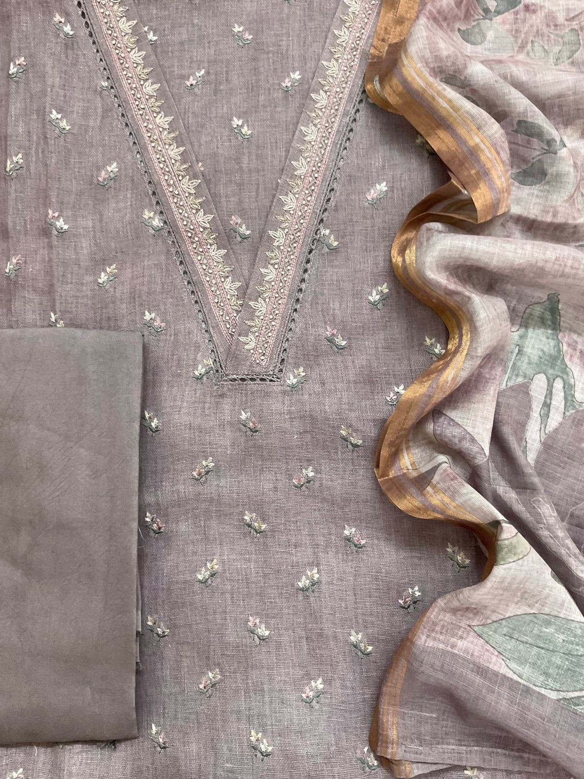 Soft Linen Jute Cotton Printed Embroidered Suit - Light Mauve