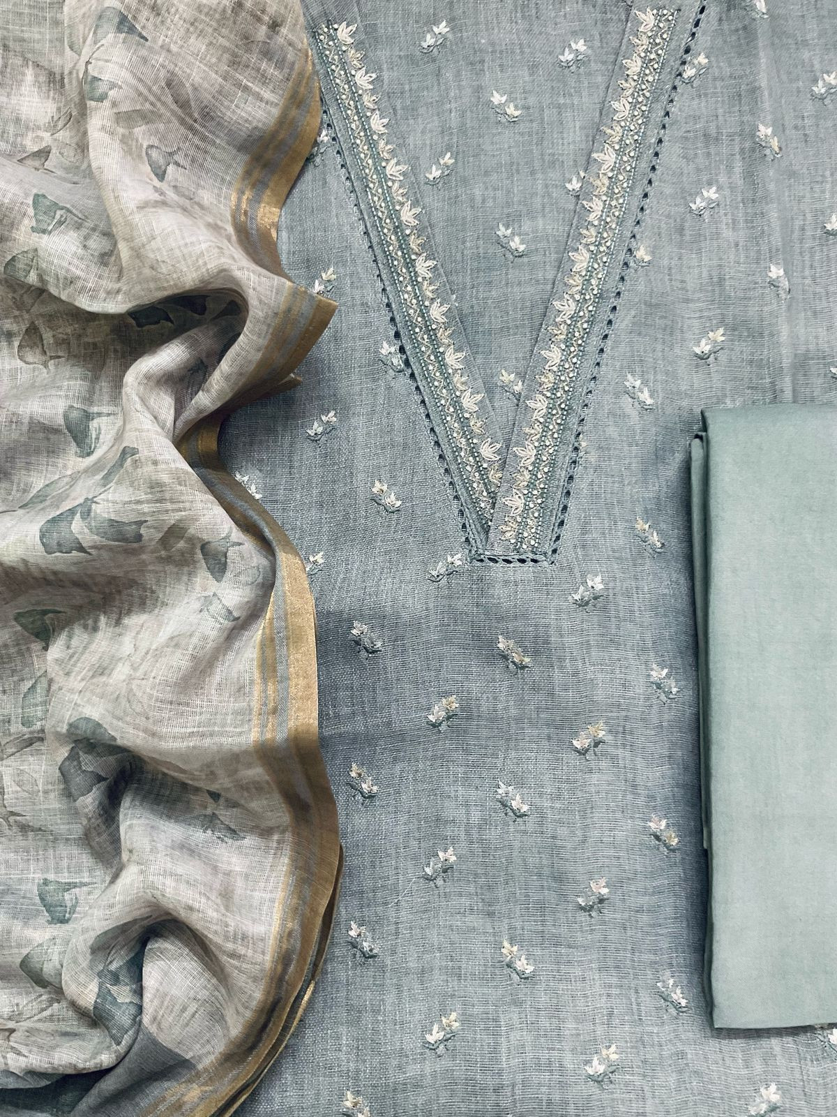 Soft Linen Jute Cotton Printed Embroidered Suit - Grey