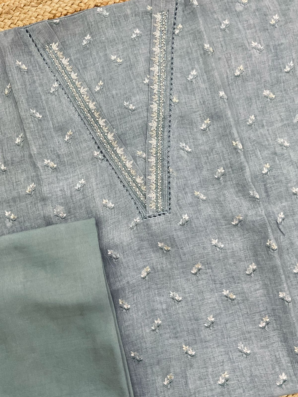 Soft Linen Jute Cotton Printed Embroidered Suit - Grey