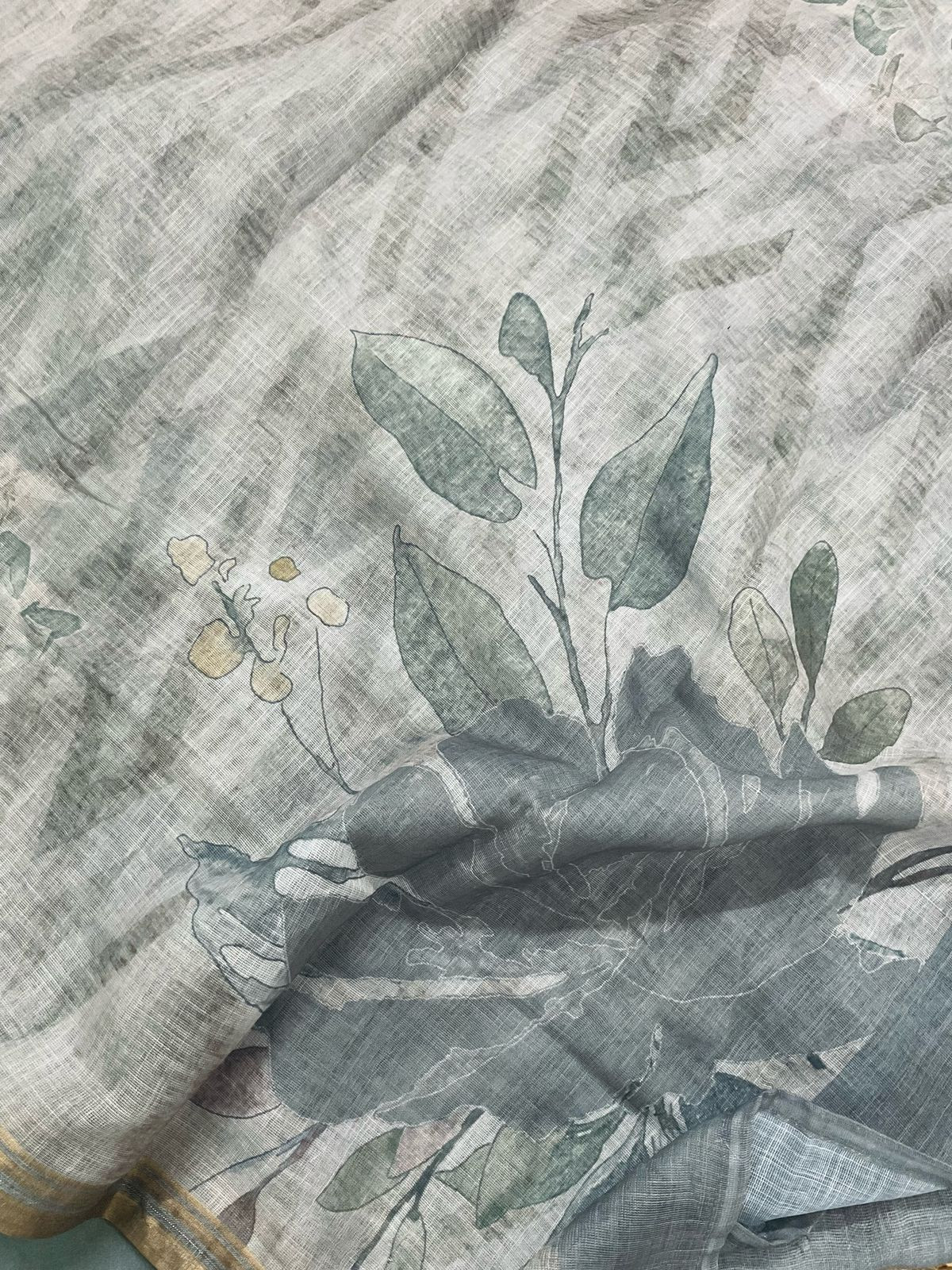 Soft Linen Jute Cotton Printed Embroidered Suit - Grey