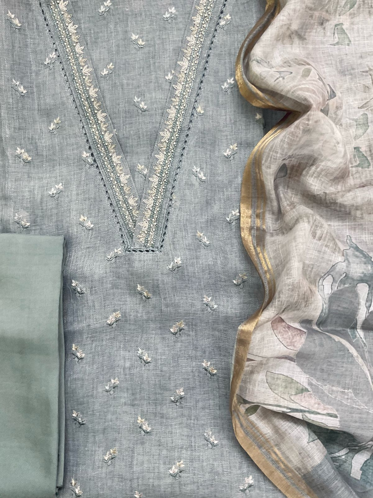 Soft Linen Jute Cotton Printed Embroidered Suit - Grey