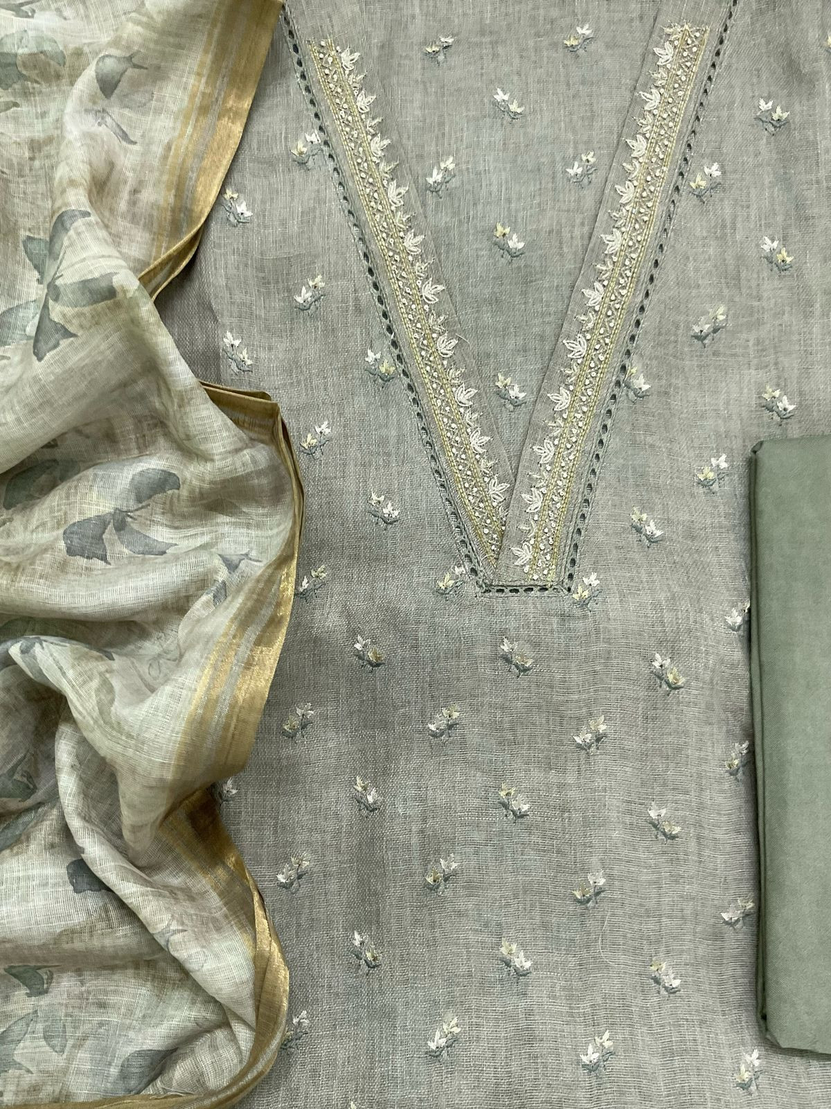 Soft Linen Jute Cotton Printed Embroidered Suit - Green