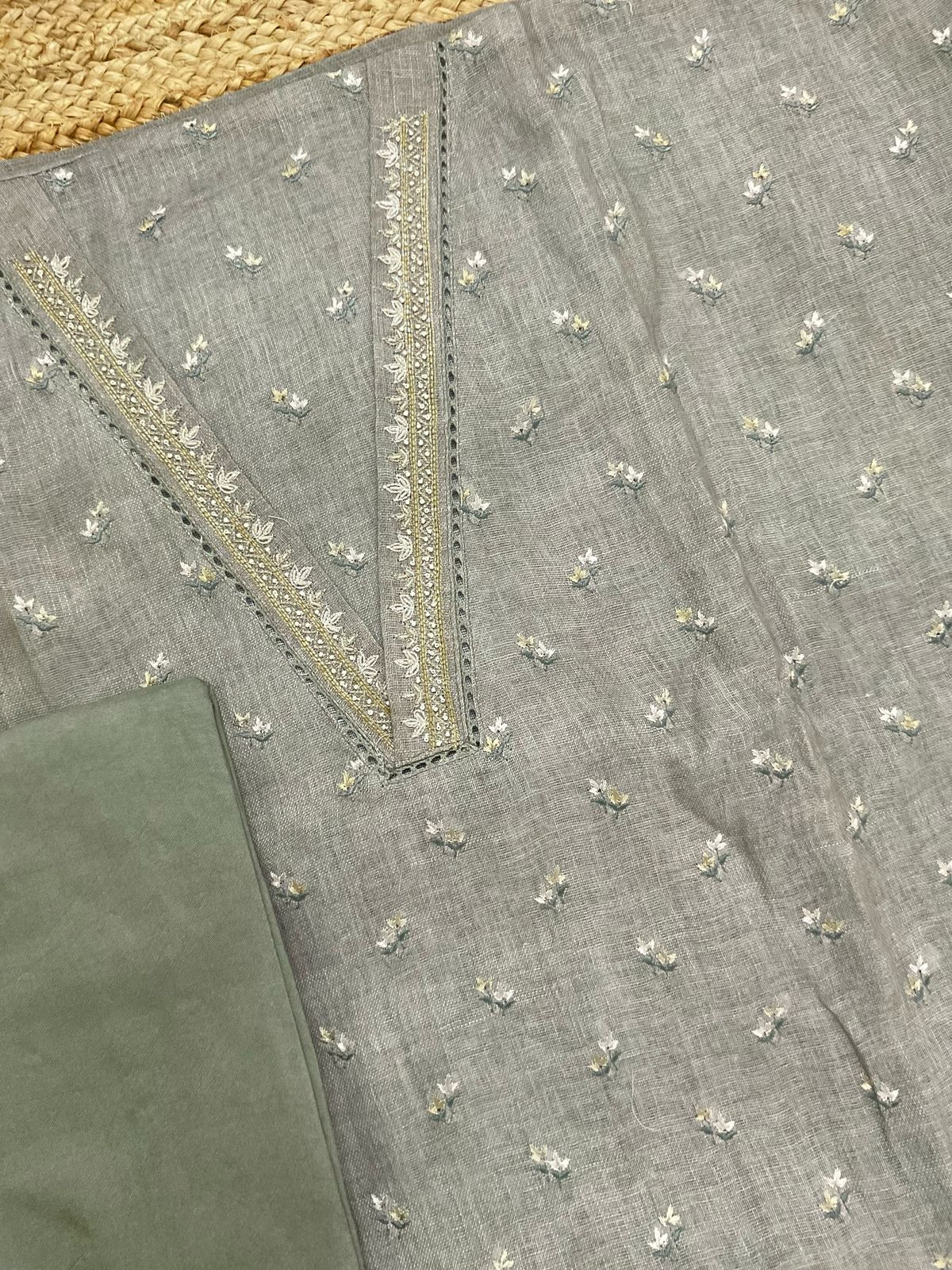 Soft Linen Jute Cotton Printed Embroidered Suit - Green