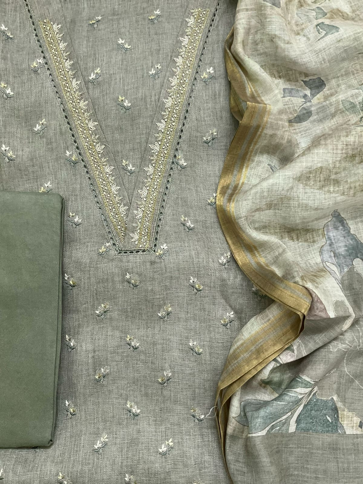 Soft Linen Jute Cotton Printed Embroidered Suit - Green