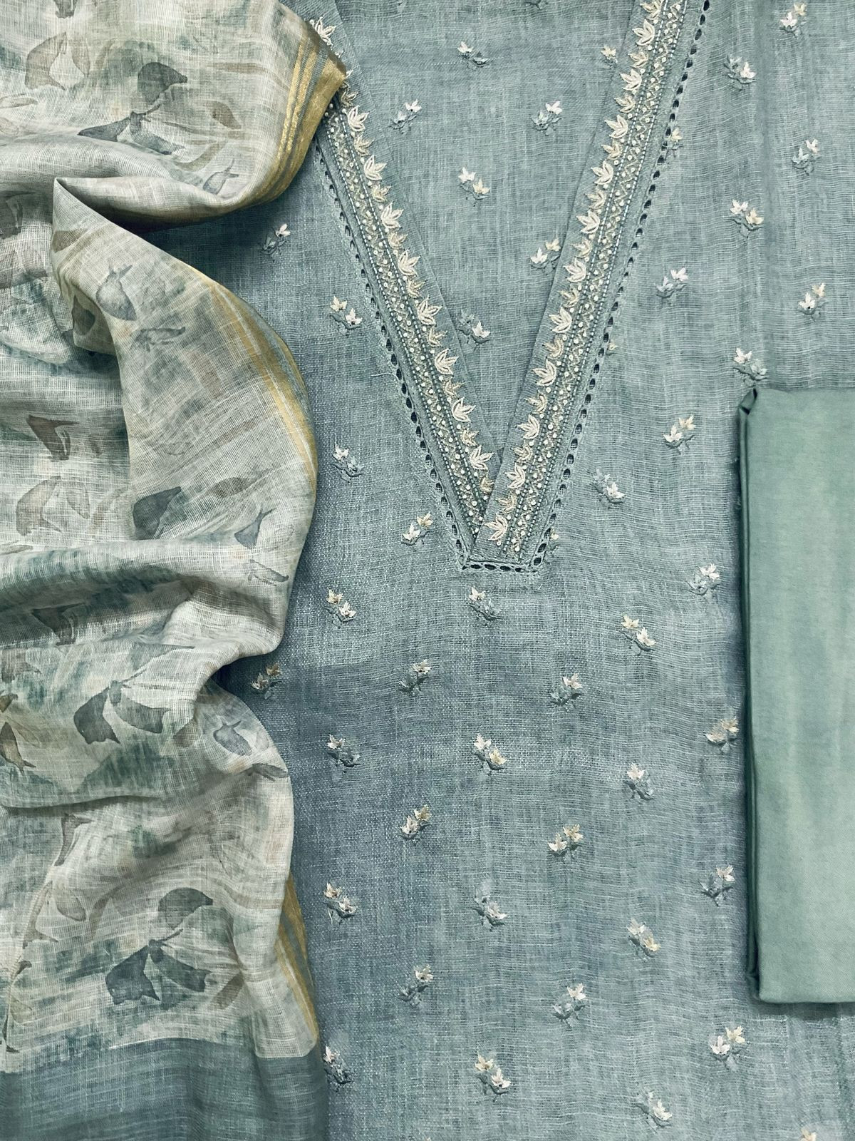 Soft Linen Jute Cotton Printed Embroidered Suit - Blue