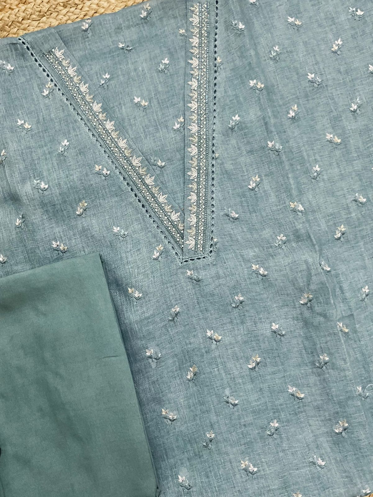 Soft Linen Jute Cotton Printed Embroidered Suit - Blue