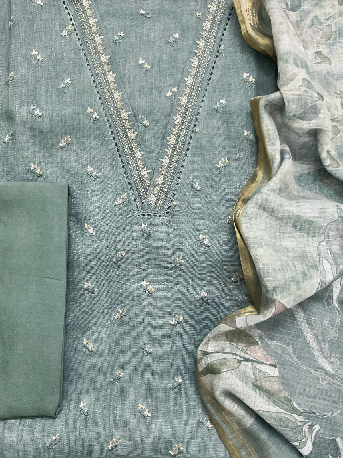 Soft Linen Jute Cotton Printed Embroidered Suit - Blue