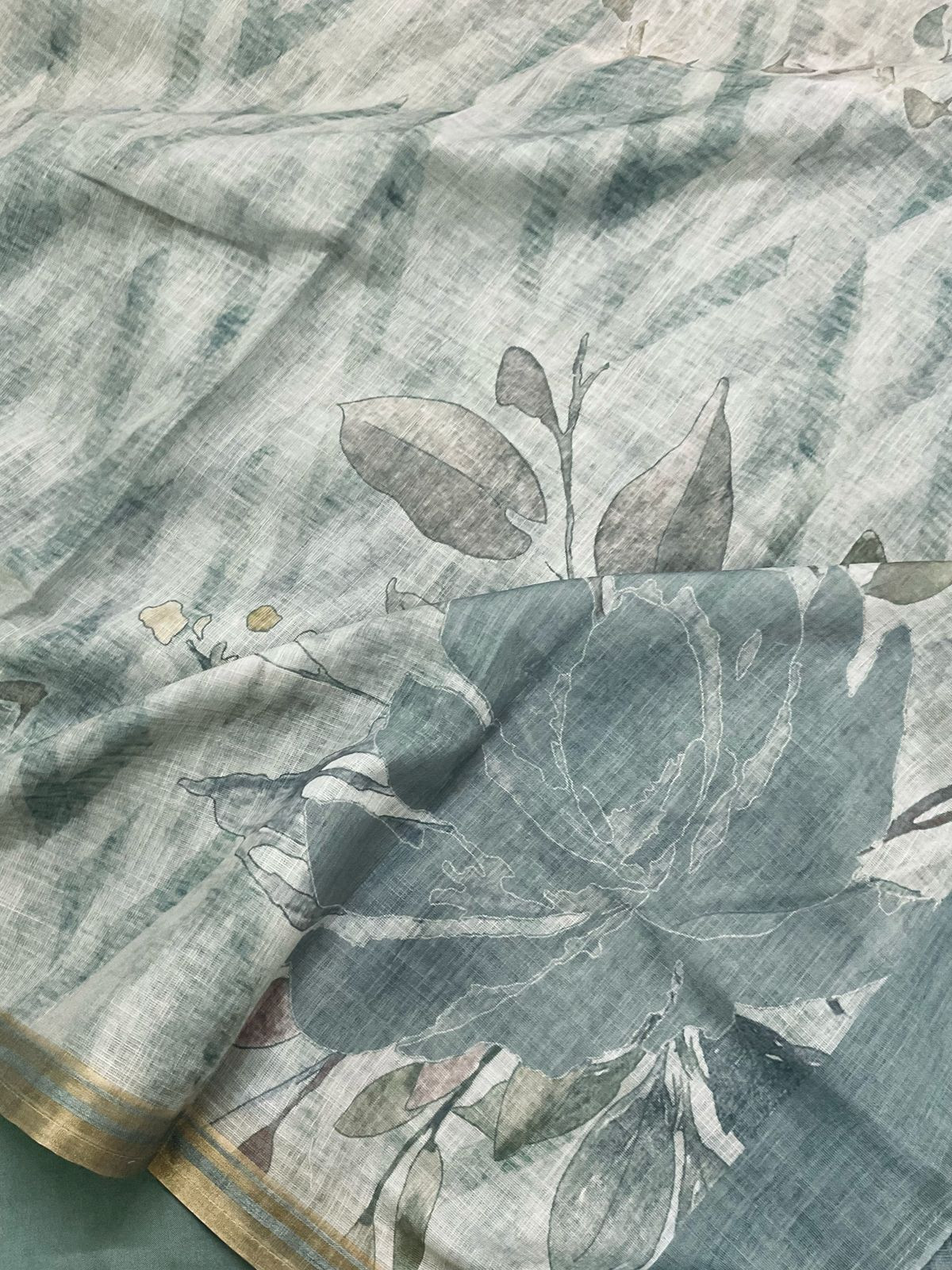 Soft Linen Jute Cotton Printed Embroidered Suit - Blue