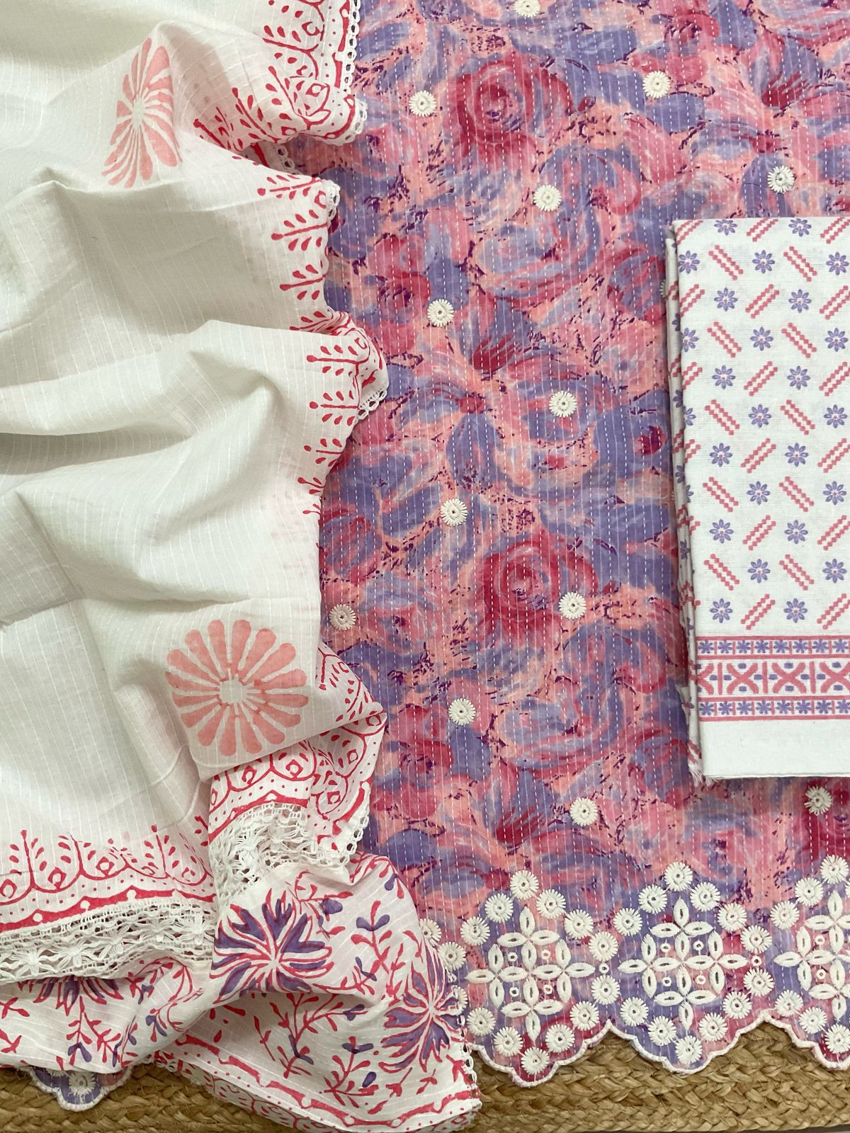 Pure Cotton Printed Embroidered Suit - Pink