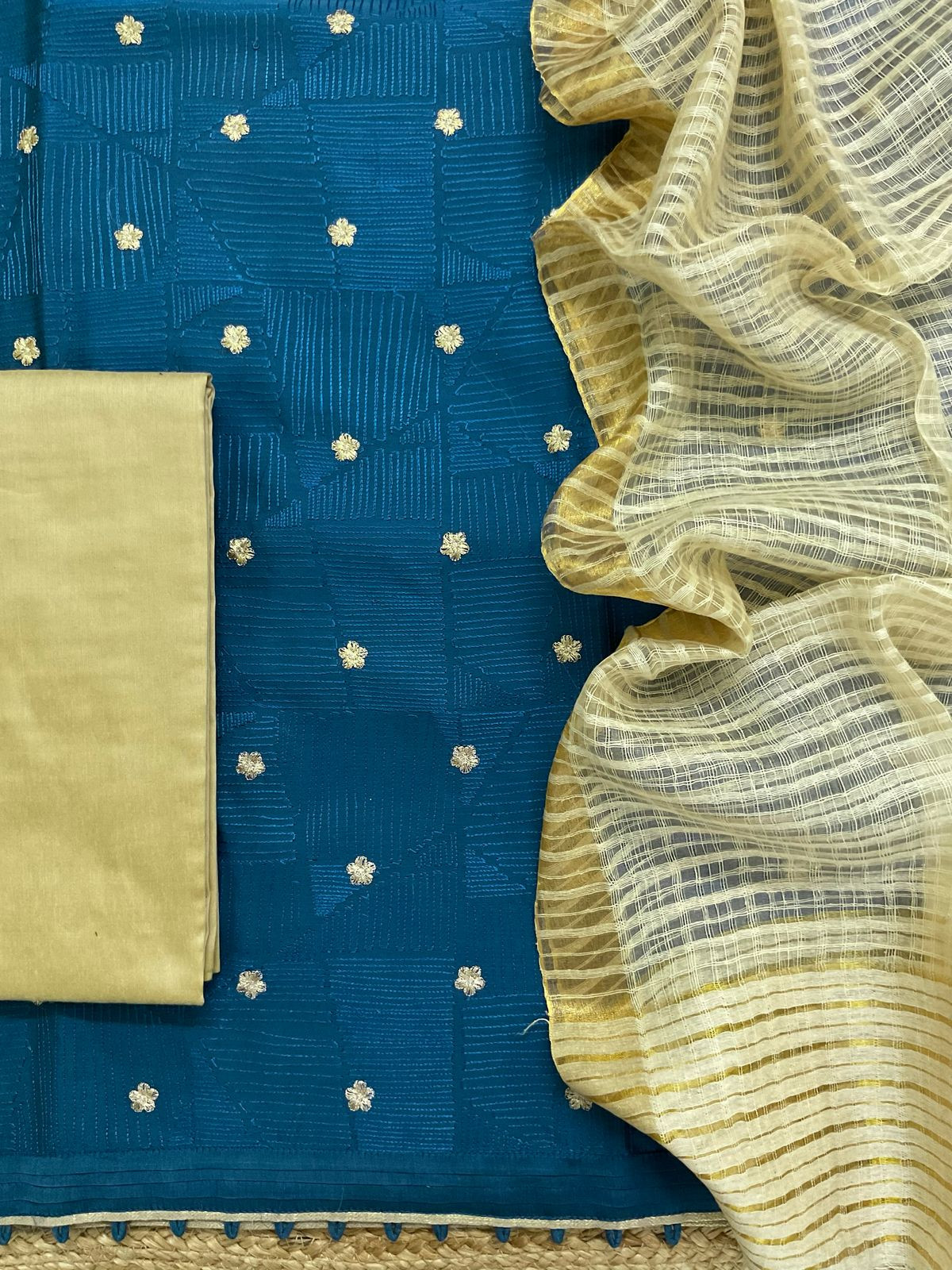 Pure Chanderi Embroidered Suit - Blue
