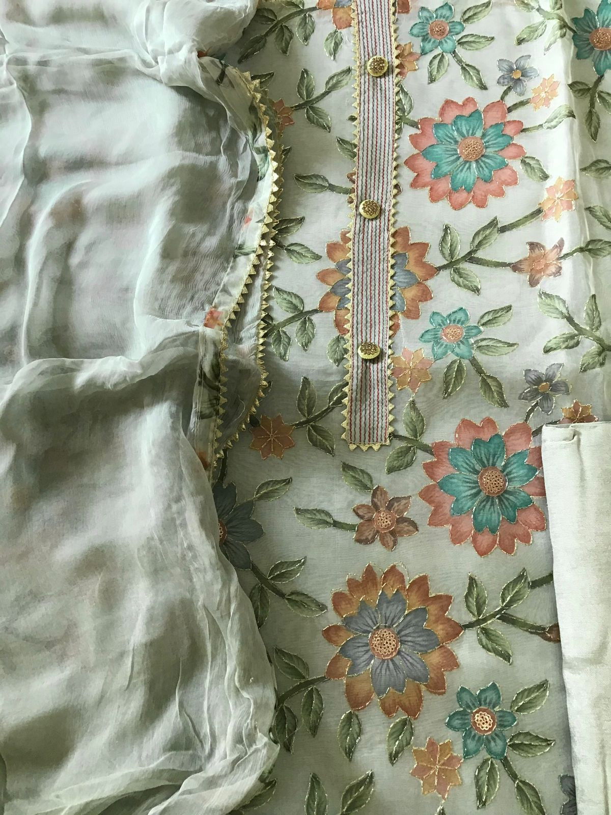 Soft Organza Printed Embroidered Suit - Green