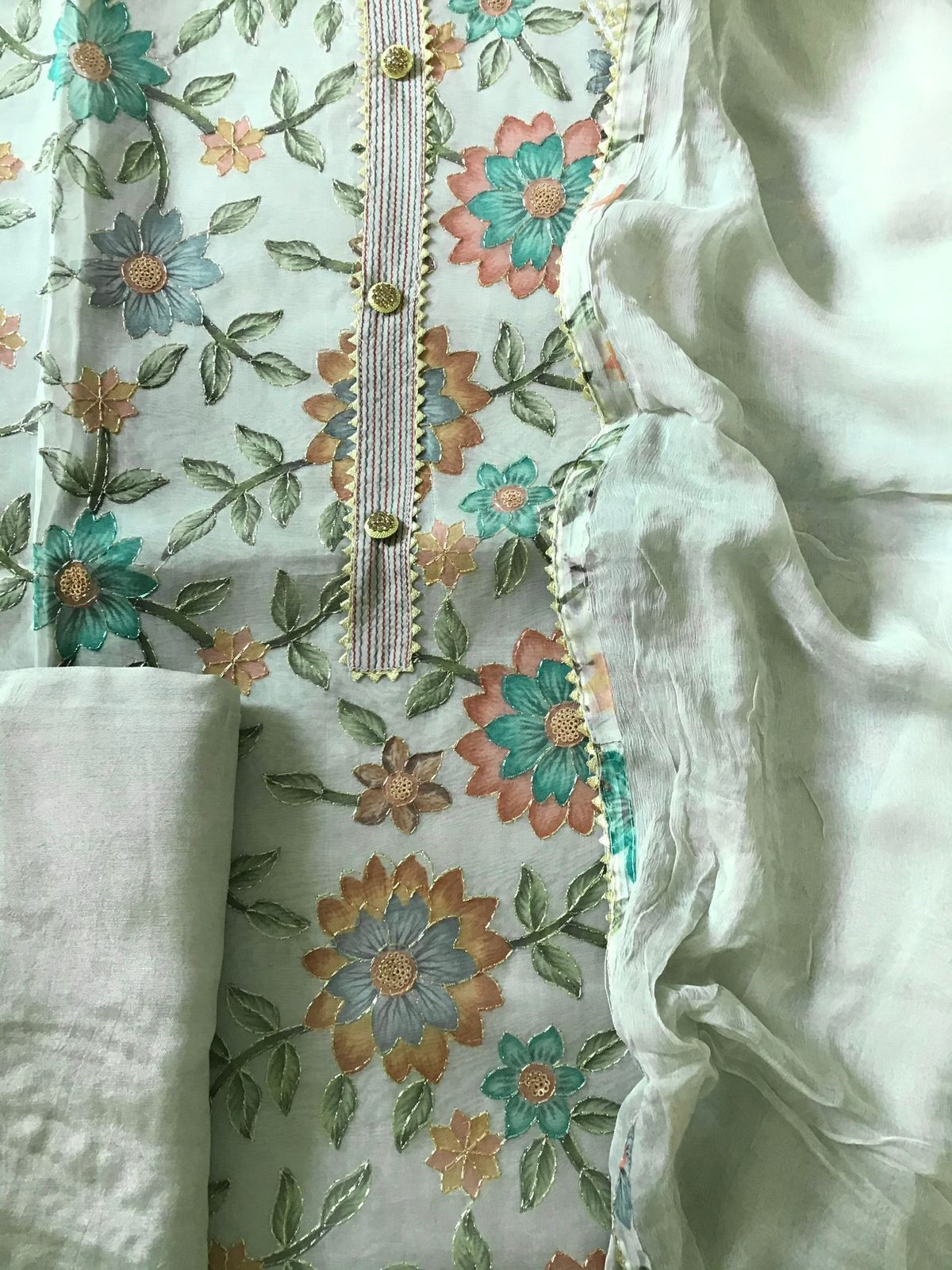 Soft Organza Printed Embroidered Suit - Green