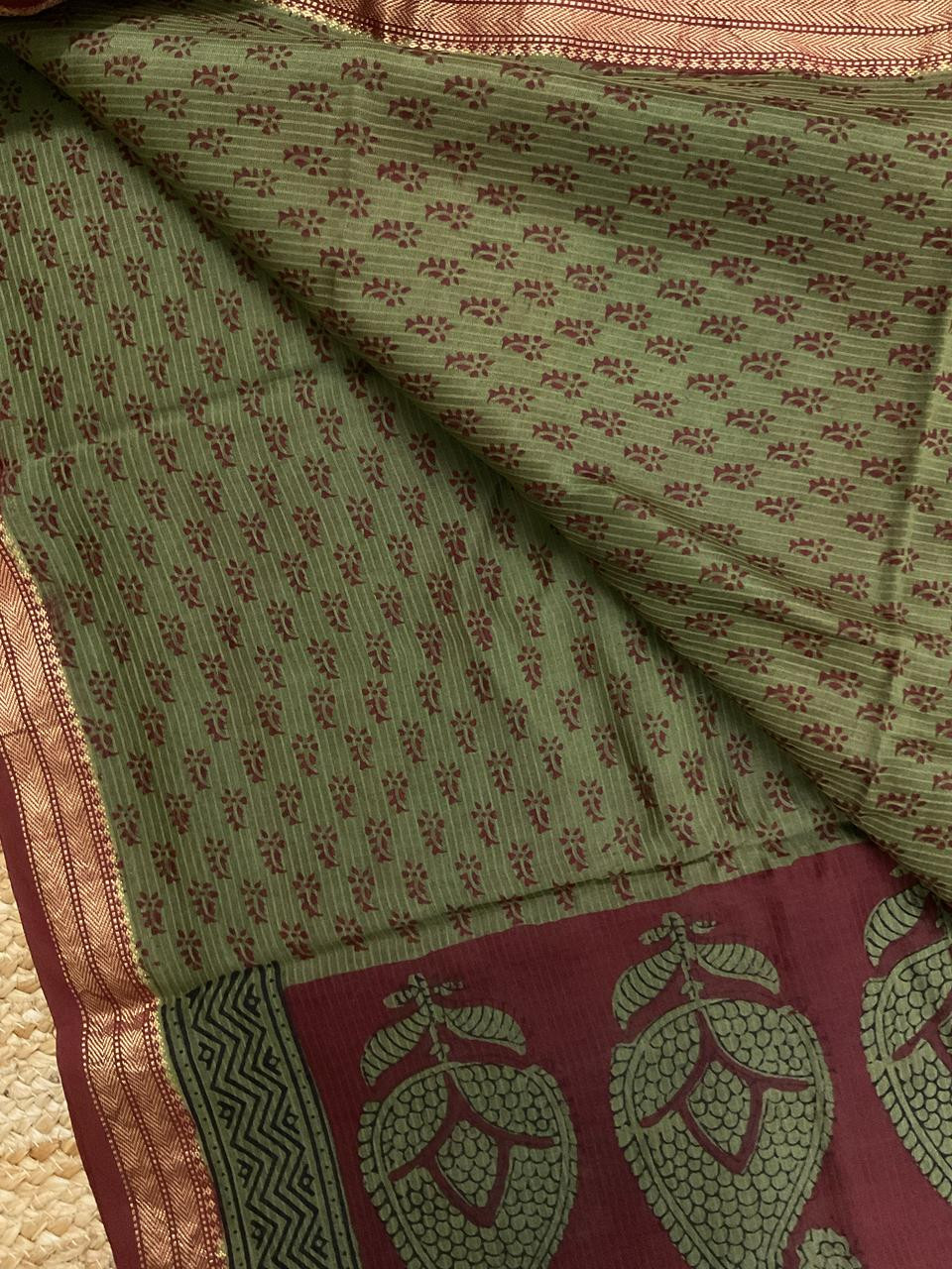 Pure Maheshwari Self Weaved Bagh Printed Suit - Brown