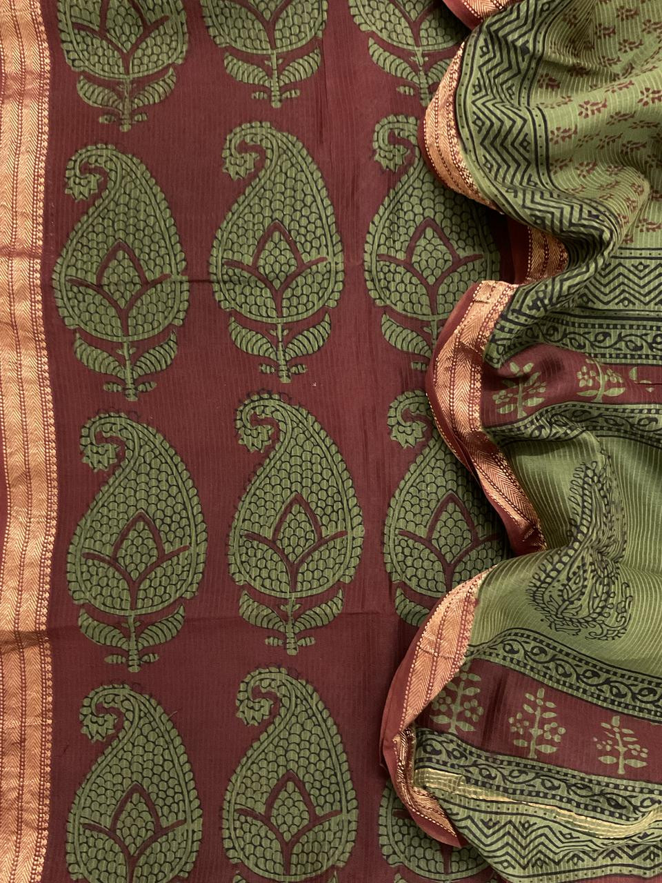 Pure Maheshwari Self Weaved Bagh Printed Suit - Brown