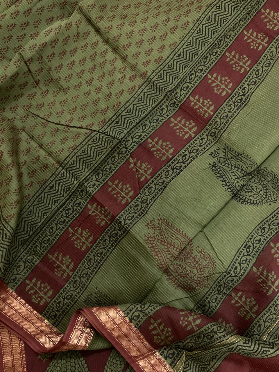 Pure Maheshwari Self Weaved Bagh Printed Suit - Brown