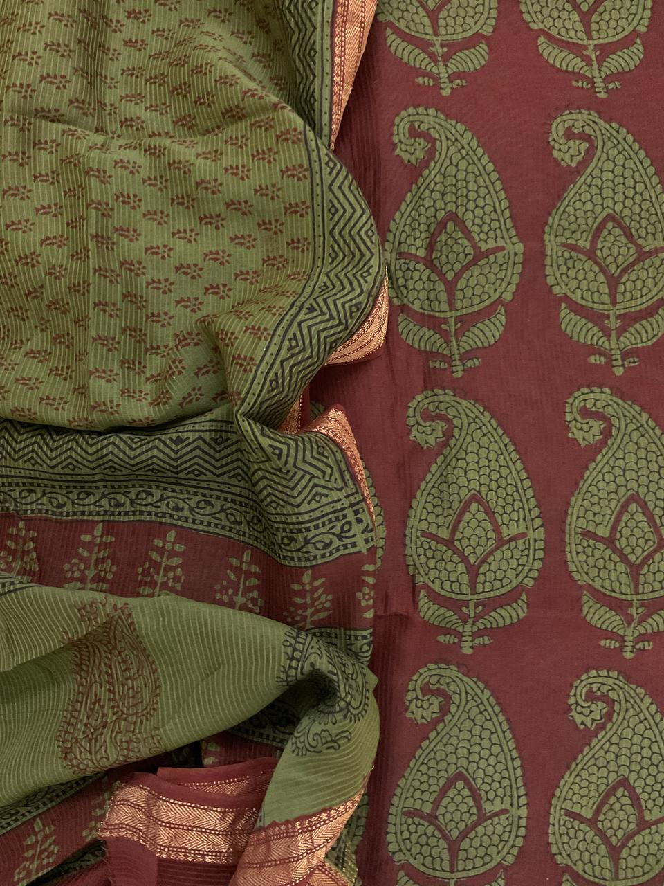 Pure Maheshwari Self Weaved Bagh Printed Suit - Brown