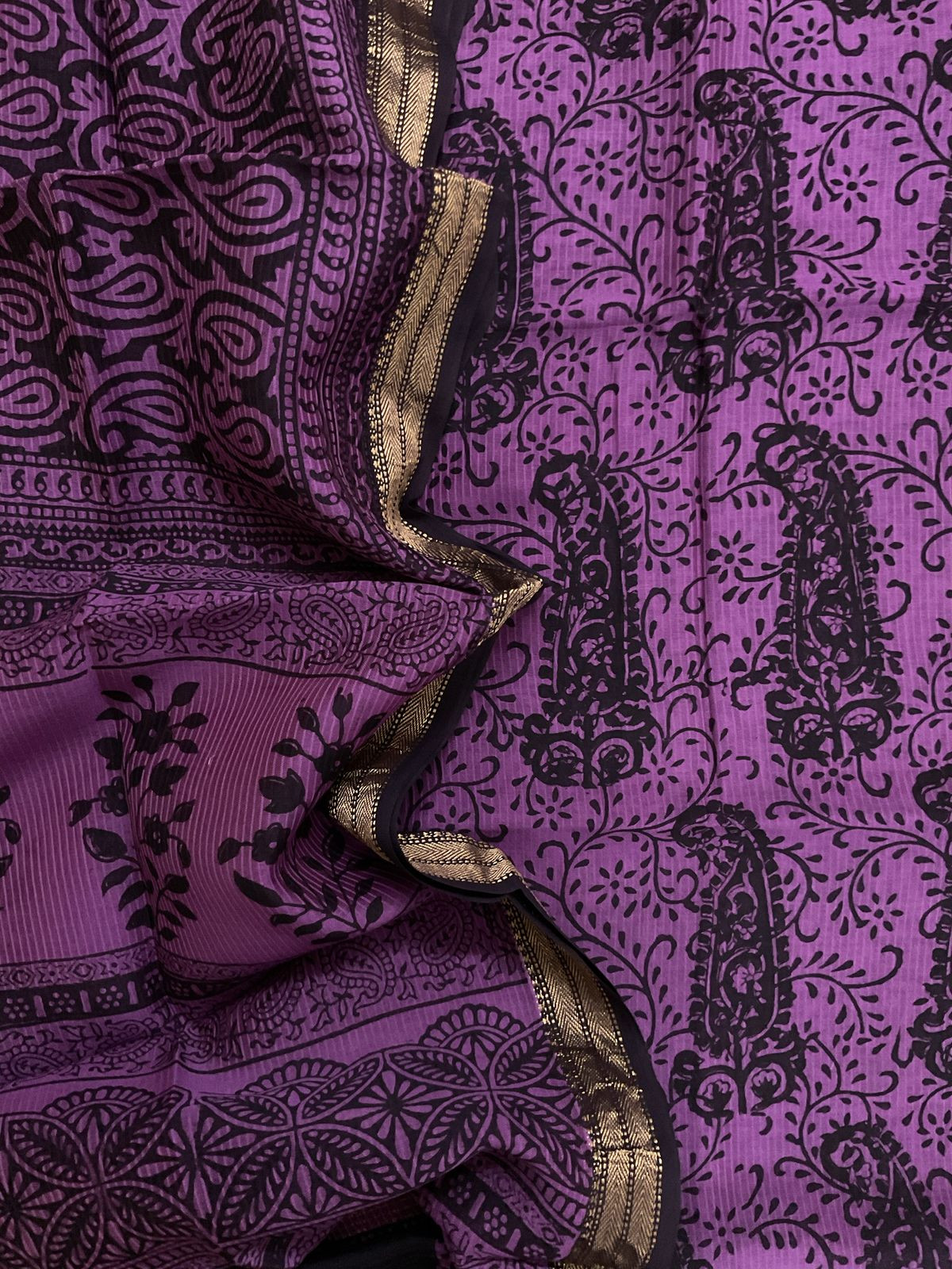 Pure Maheshwari Self Weaved Bagh Printed Suit - Purple