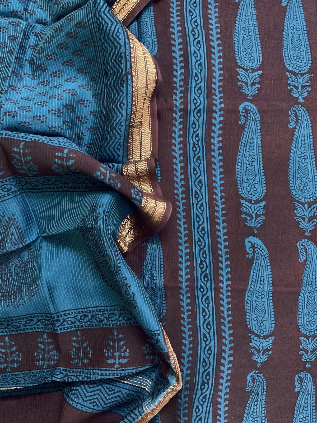 Pure Maheshwari Self Weaved Bagh Printed Suit - Brown