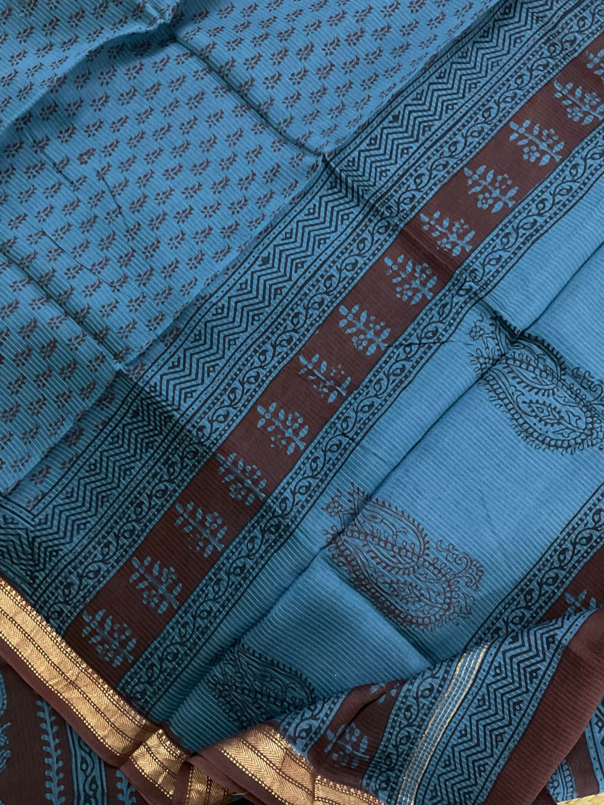 Pure Maheshwari Self Weaved Bagh Printed Suit - Brown