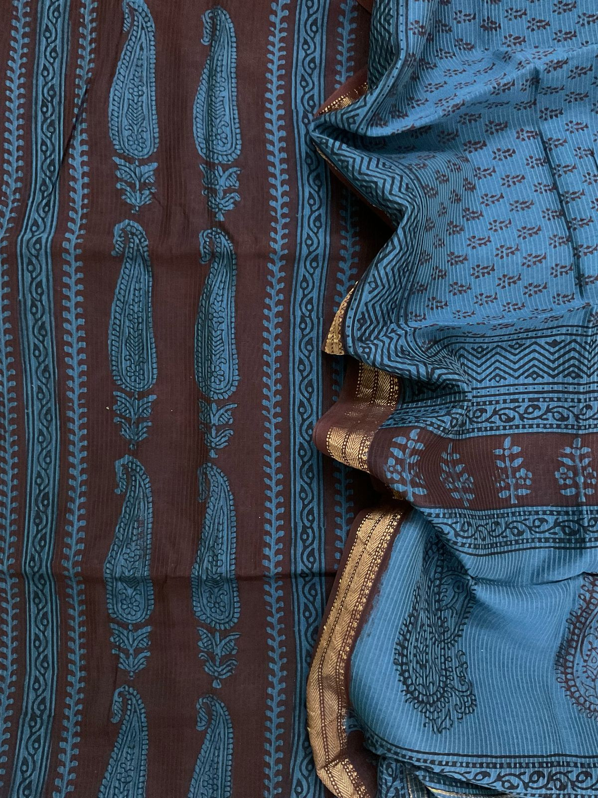 Pure Maheshwari Self Weaved Bagh Printed Suit - Brown