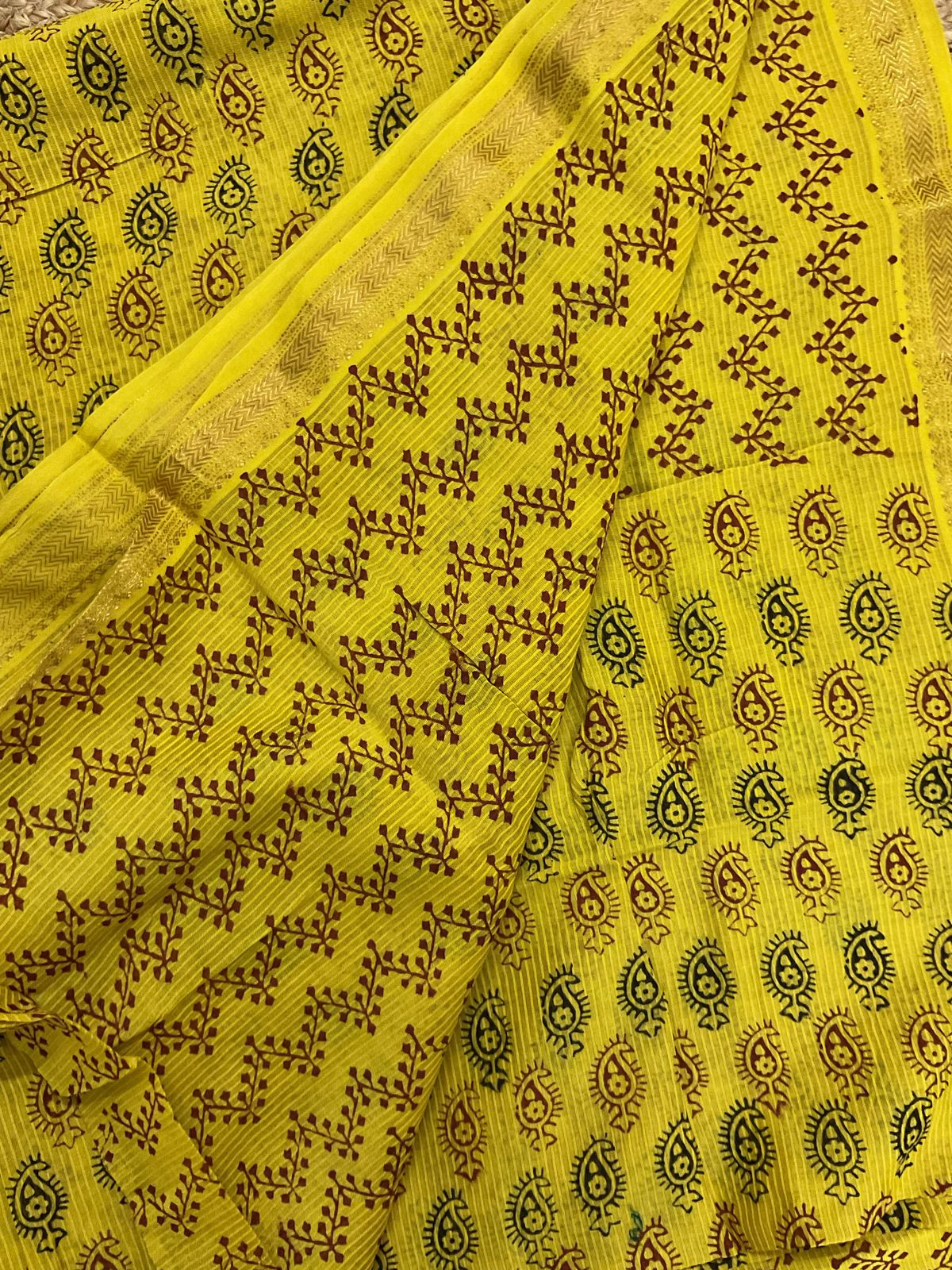 Pure Maheshwari Self Weaved Bagh Printed Suit - Yellow