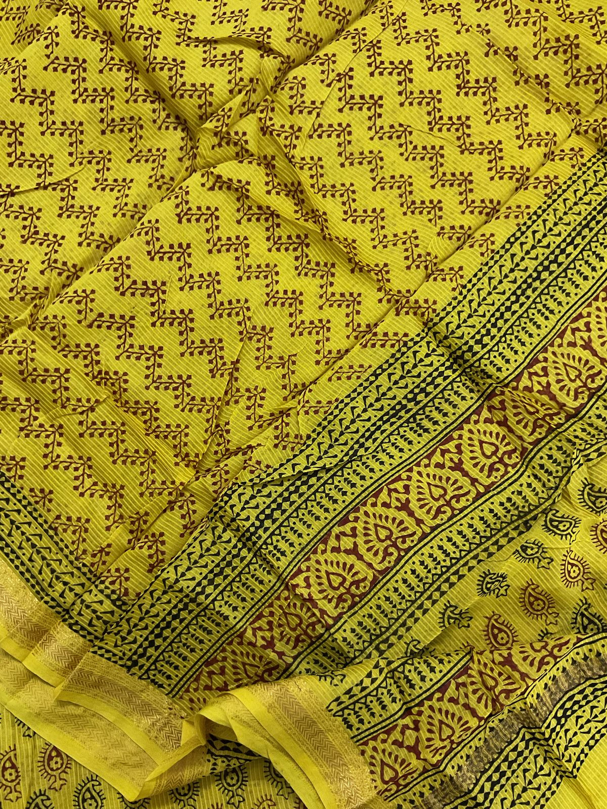 Pure Maheshwari Self Weaved Bagh Printed Suit - Yellow
