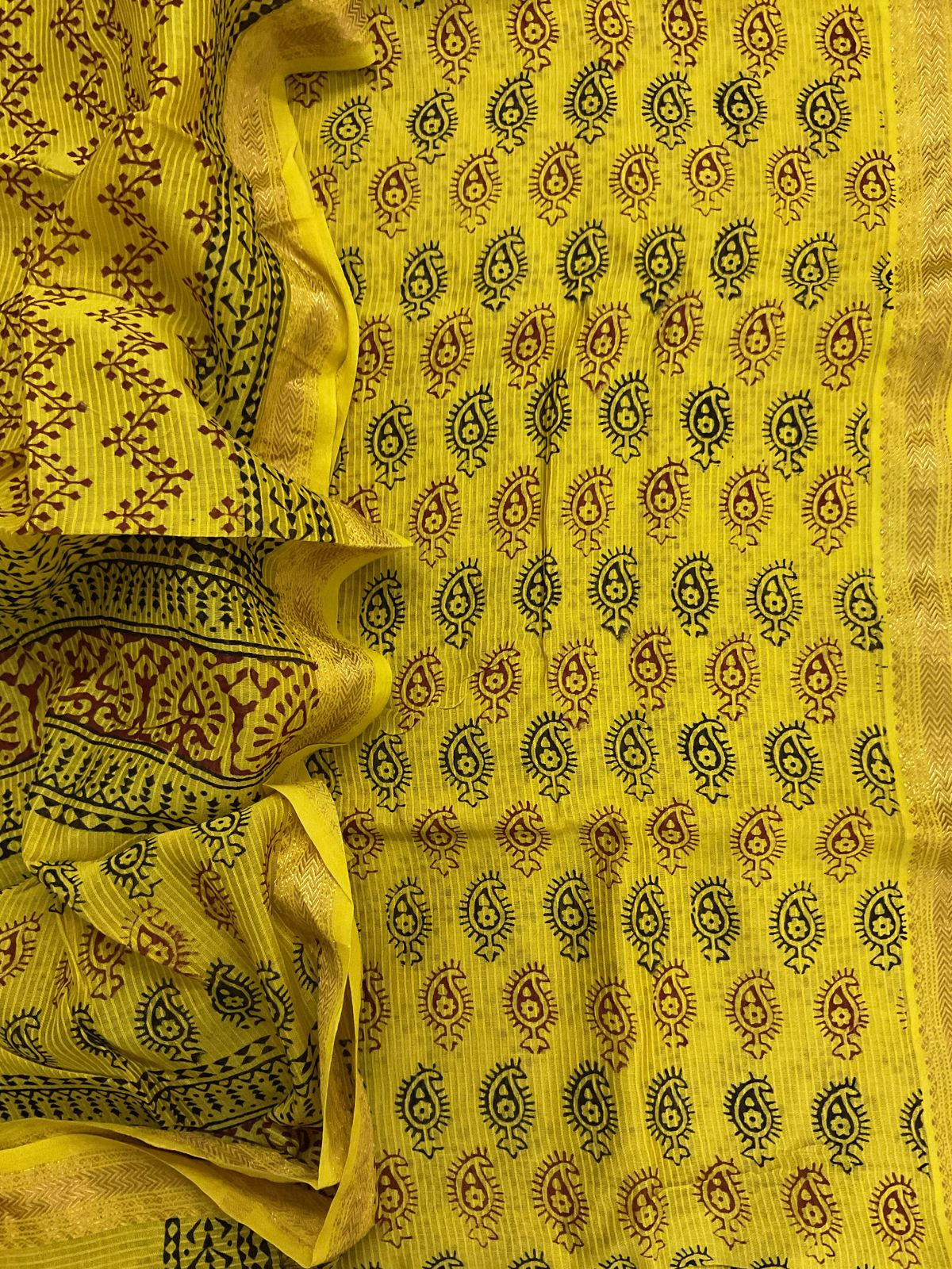 Pure Maheshwari Self Weaved Bagh Printed Suit - Yellow