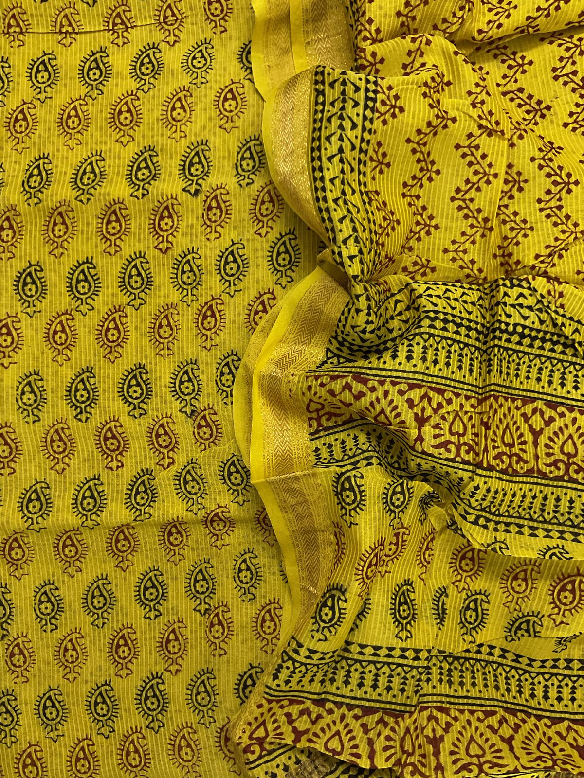 Pure Maheshwari Self Weaved Bagh Printed Suit - Yellow