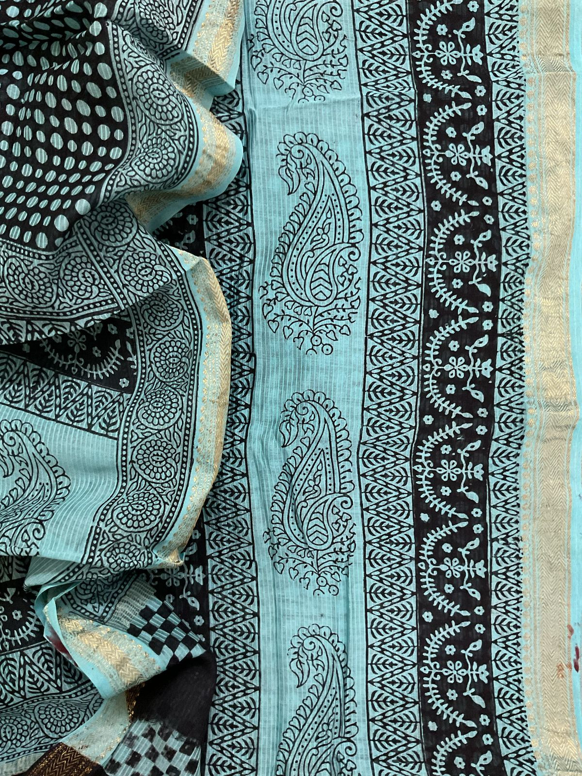 Pure Maheshwari Self Weaved Bagh Printed Suit - Blue