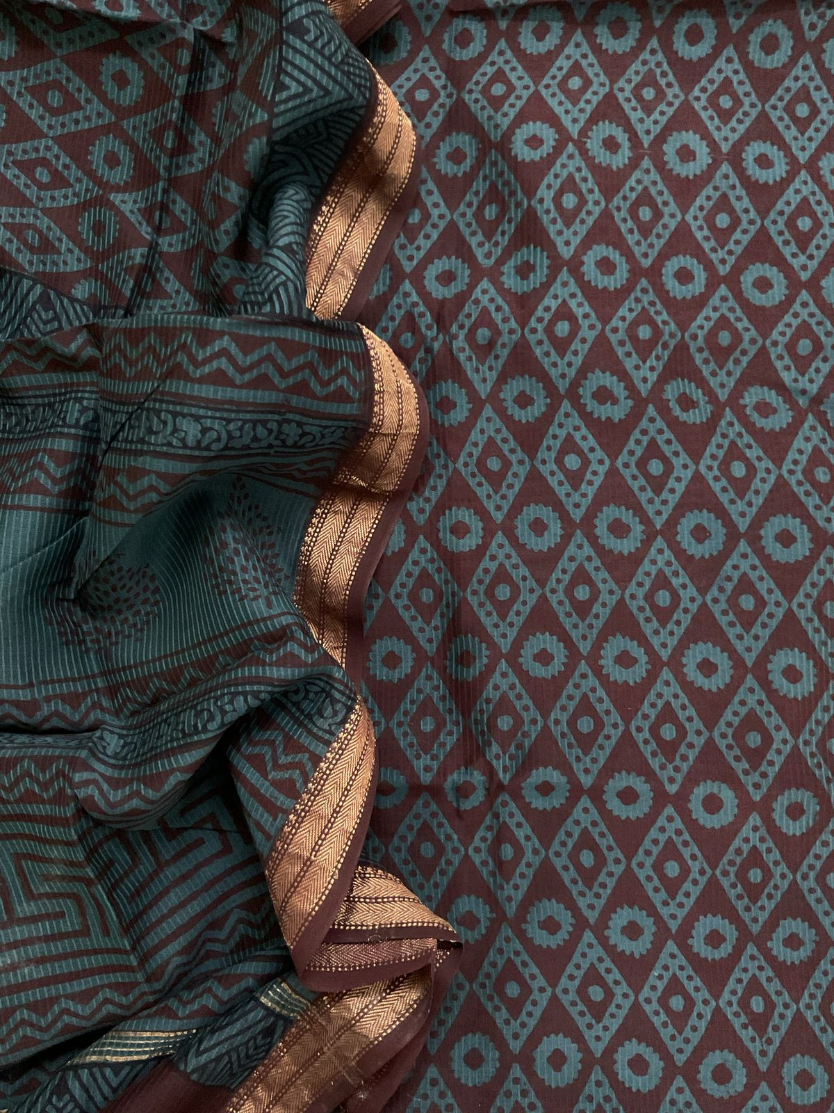 Pure Maheshwari Self Weaved Bagh Printed Suit - Brown