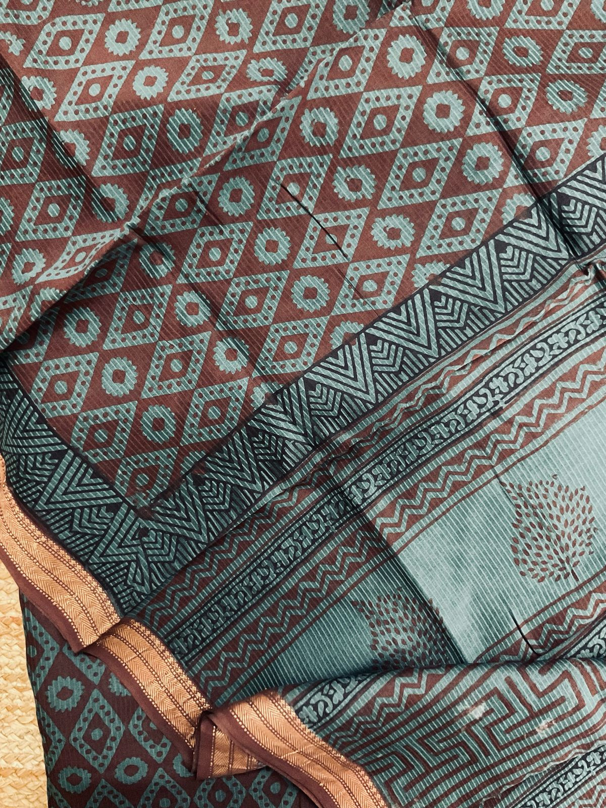 Pure Maheshwari Self Weaved Bagh Printed Suit - Brown