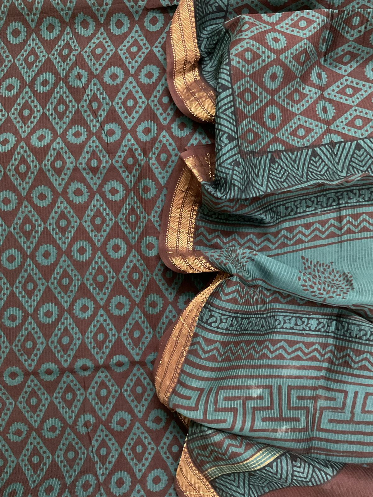 Pure Maheshwari Self Weaved Bagh Printed Suit - Brown